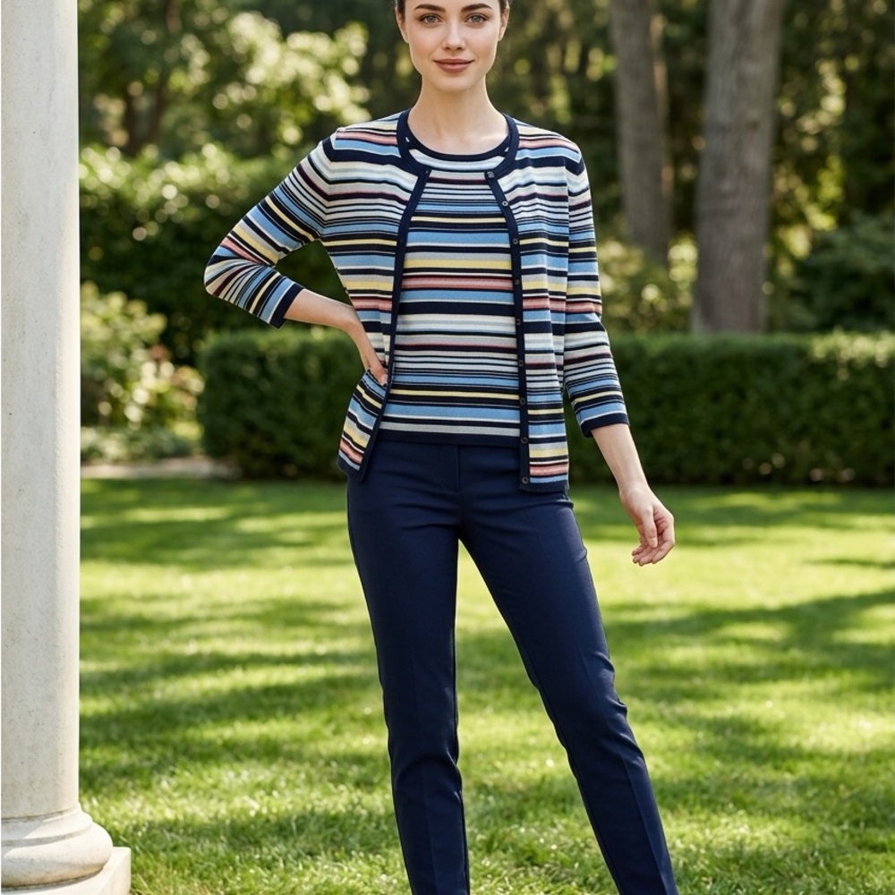 Liz Claiborne Women’s Striped Cardigan & Tank Set Colorful Knit Twin Set Sz S